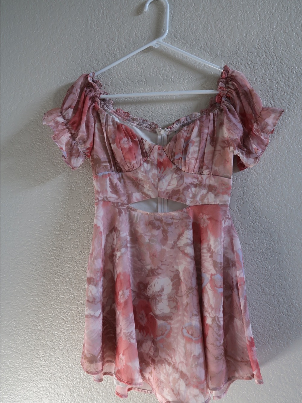 Angel Biba Pink Brown Floral Puff-Sleeve Cutout Mini Dress - Picture 4 of 11